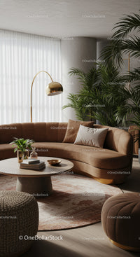 Cozy living room with curved leather sofa and plants