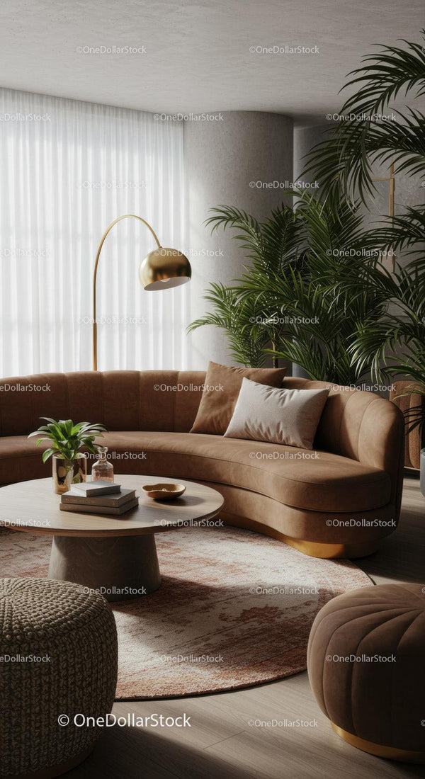 Cozy living room with curved leather sofa and plants