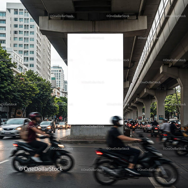 Busy urban street intersection with motorcycles and cars JPG Mockup Image