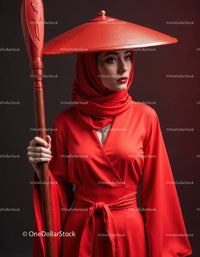 Elegant Woman in Red Dress with Accessories Against Red Background