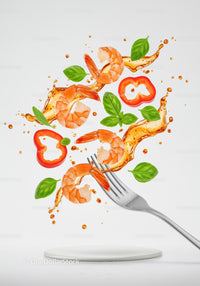 Fresh shrimp and basil with splash of sauce on fork