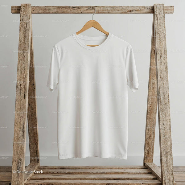 Minimalist White T Shirt Hanging on Wooden Rack JPG Mockup Image
