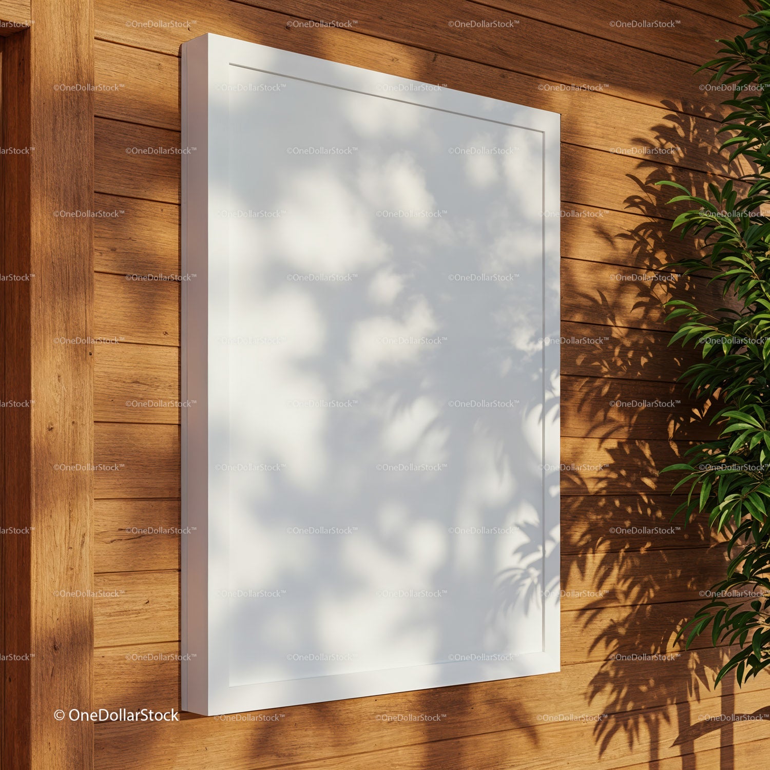 Minimalist white poster on natural wood wall with plant
