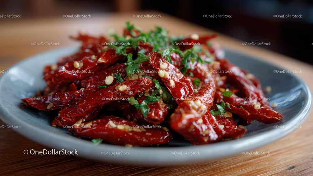 Spicy Red Chili Peppers with Fresh Herbs on a Ceramic Plate