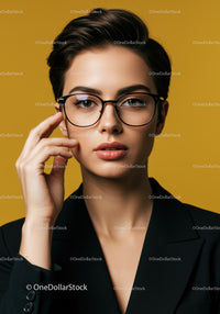 Portrait of a Stylish Woman Wearing Glasses with Yellow Background