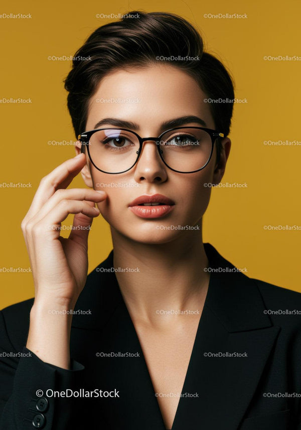 Portret Stylowej Kobiety w Okularach na Żółtym Tle