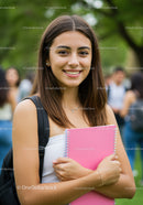Young Woman Smiling Outdoors Holding Pink Notebook in Campus Setting