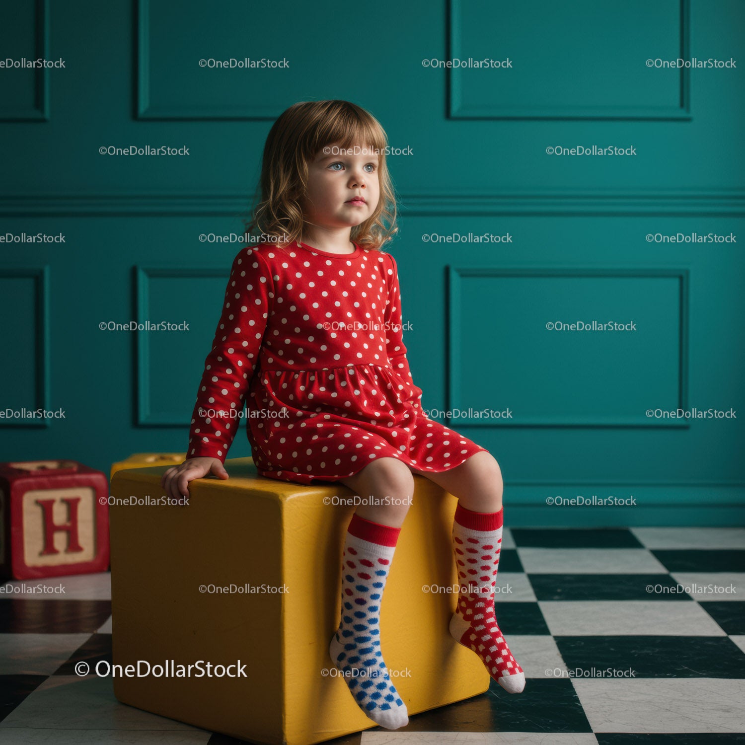 Little girl in red polka dot dress sitting on yellow cube