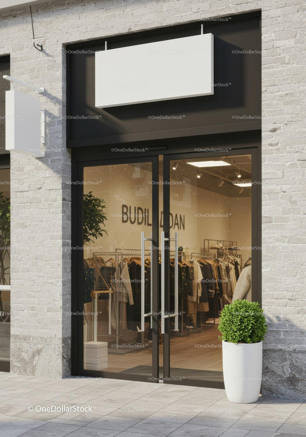 Modern Boutique Entrance with Stylish Clothes Display JPG Mockup Image