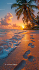 Tropical Beach Sunset with Palm Trees and Footprints in Sand