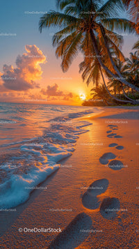Tropical Beach Sunset with Palm Trees and Footprints in Sand