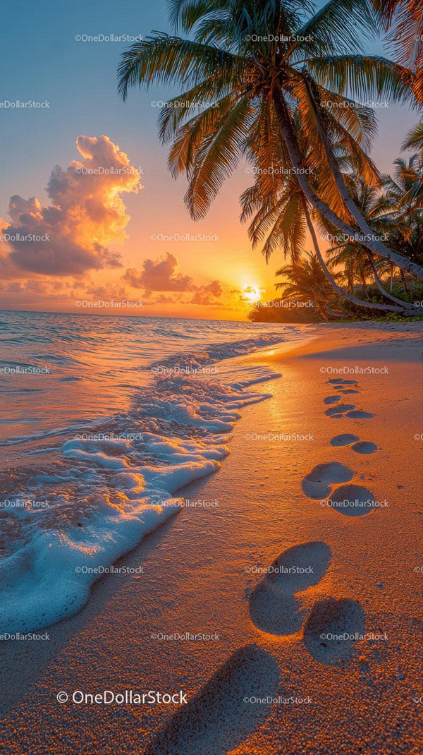 Tropical Beach Sunset with Palm Trees and Footprints in Sand