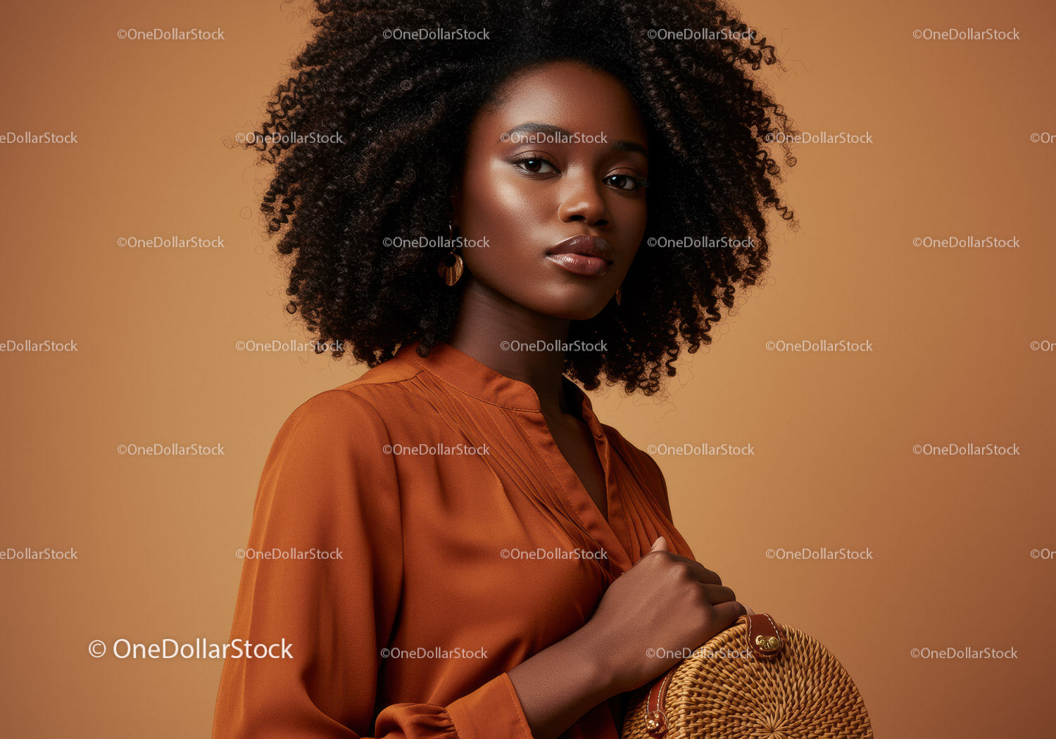 Elegant African American Woman in Brown Silk Blouse with Statement Jewelry