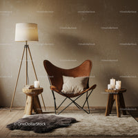 Cozy leather butterfly chair with warm ambient lighting