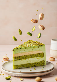 Close-up of layered pistachio cake slice with nuts