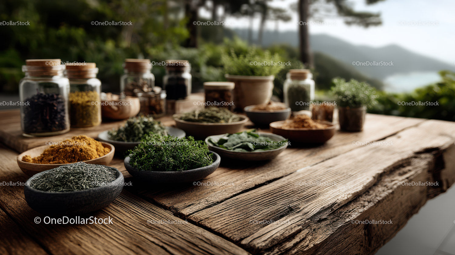 Assorted Herbal Spices and Fresh Herbs on Rustic Wooden Table