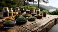 Assorted Herbal Spices and Fresh Herbs on Rustic Wooden Table