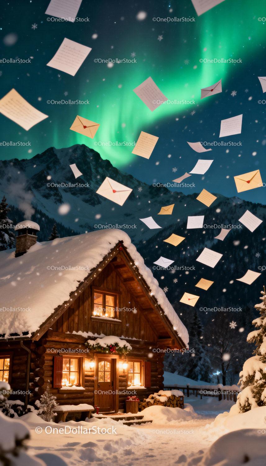 Snowy cabin with glowing windows under northern lights