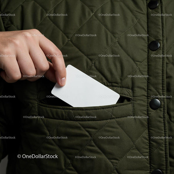 Hand Putting Blank Card into Green Quilted Jacket Pocket JPG Mockup Image