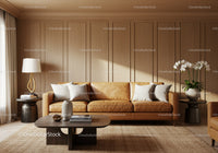 Cozy modern living room with leather sofa and orchids