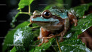 Colorful Poison Dart Frog Sitting on Green Leaf in Jungle Environment