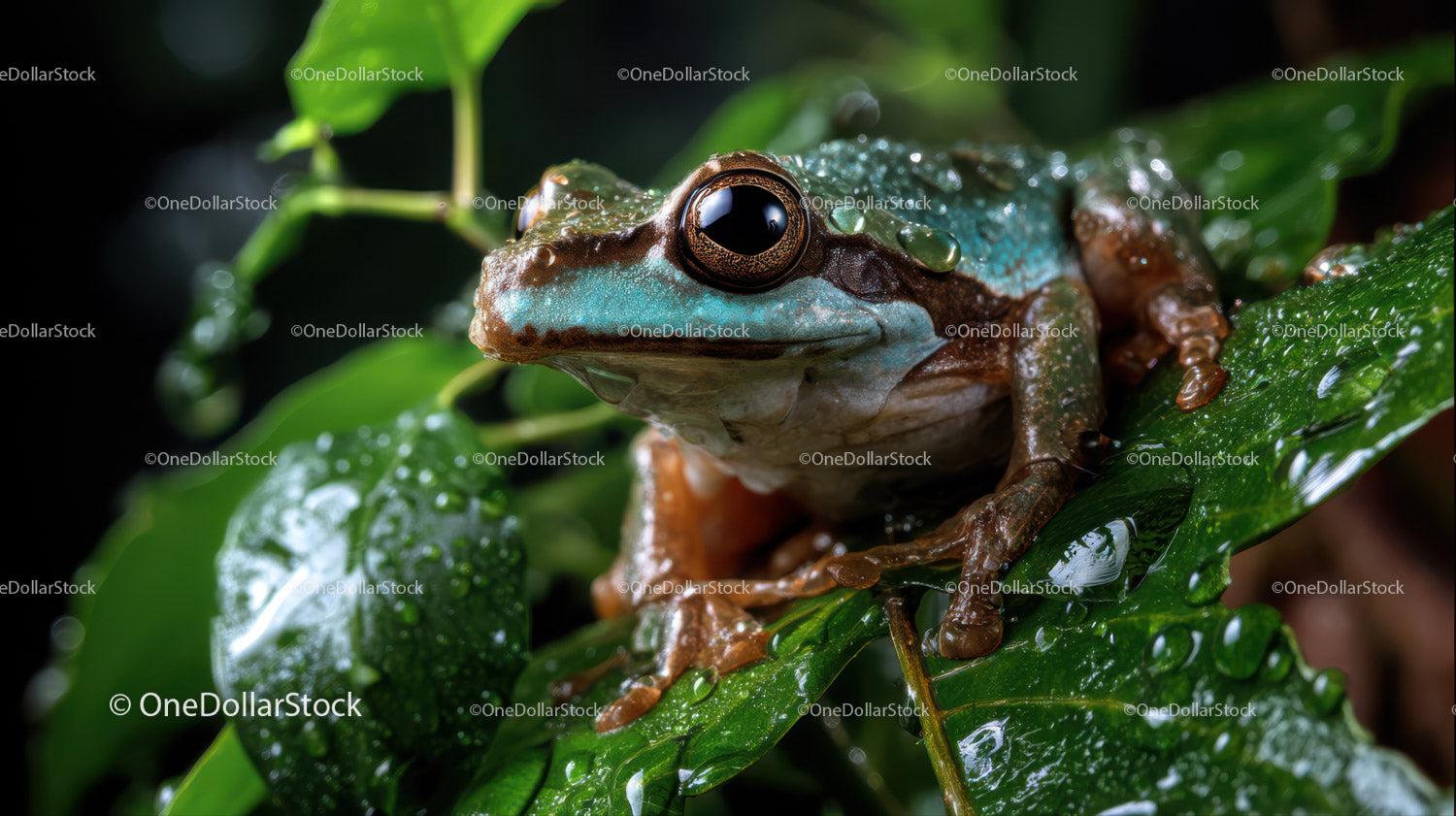 Colorful Poison Dart Frog Sitting on Green Leaf in Jungle Environment