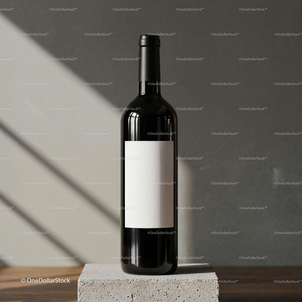 Elegant wine bottle with blank label on stone block JPG Mockup Image