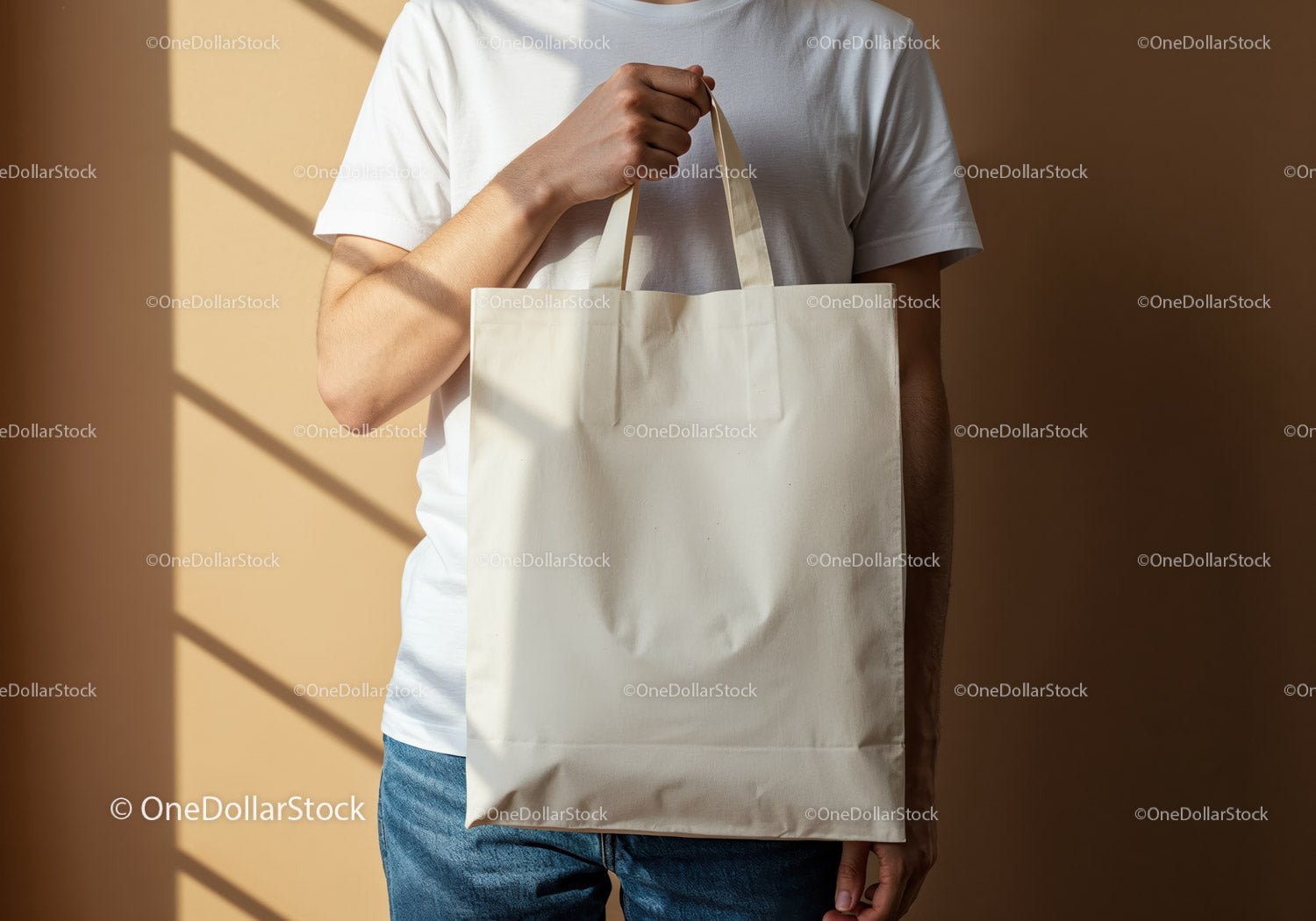 Person Holding Blank Reusable Shopping Bag in Warm Light
