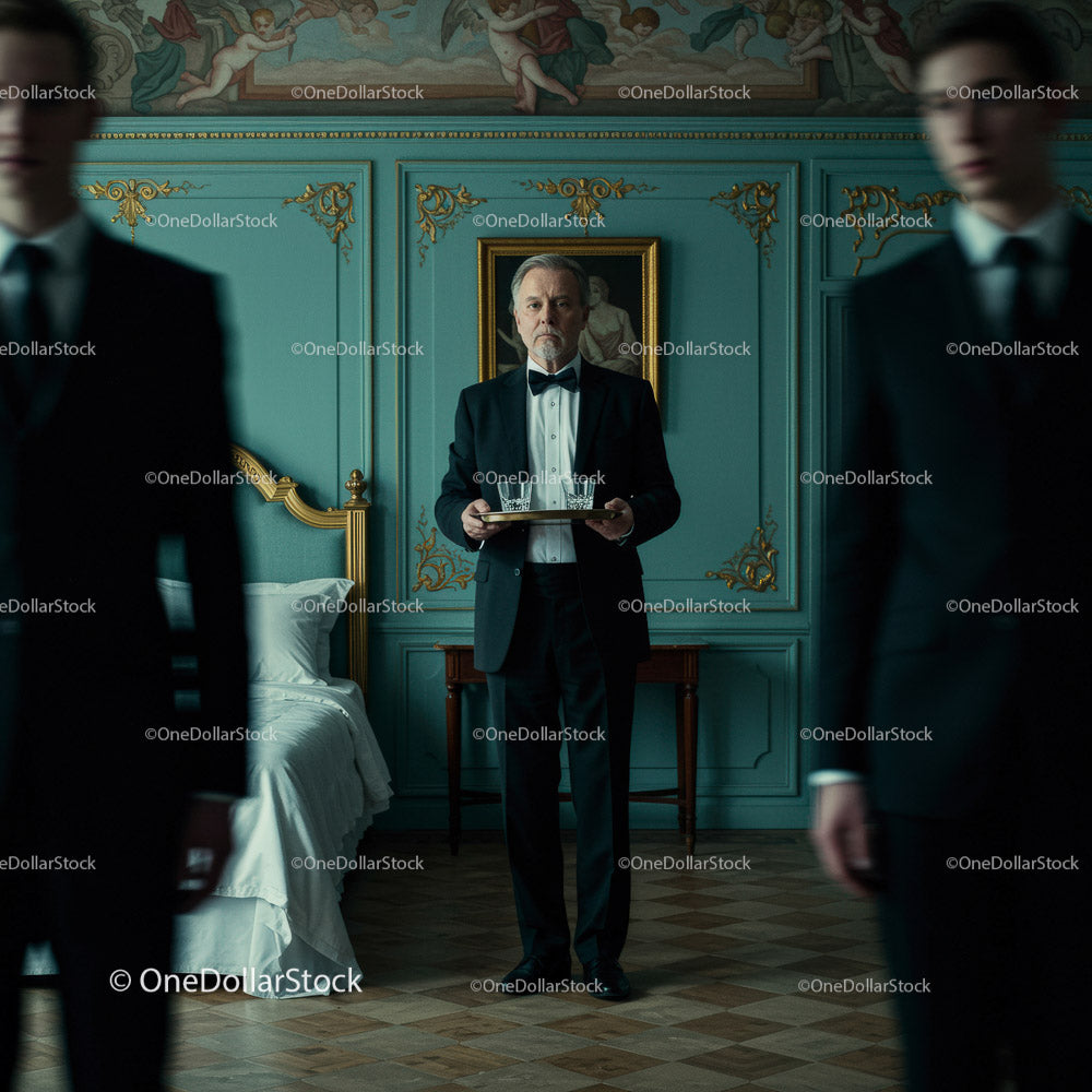 Elegant Waiter in a Luxurious Vintage Setting Serving Drinks