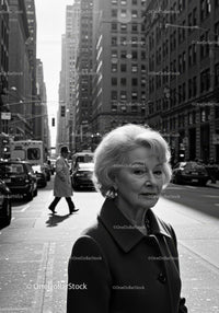 Elegant Elderly Woman Walking in Busy City Street
