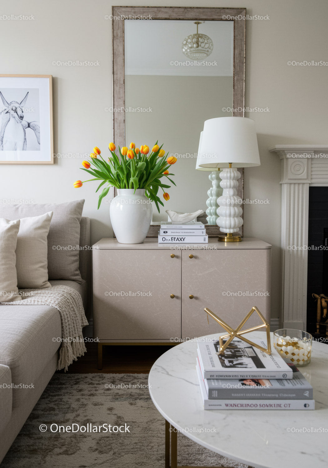 Elegant Living Room with White Vase and Orange Tulips Decor