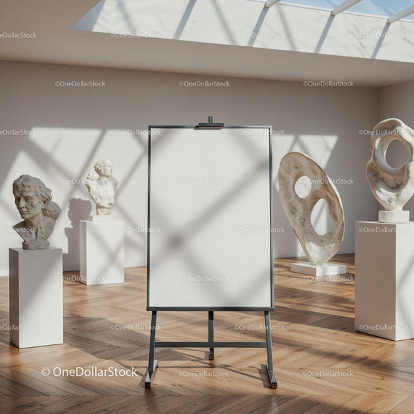 Blank canvas easel in modern art gallery space JPG Mockup Image