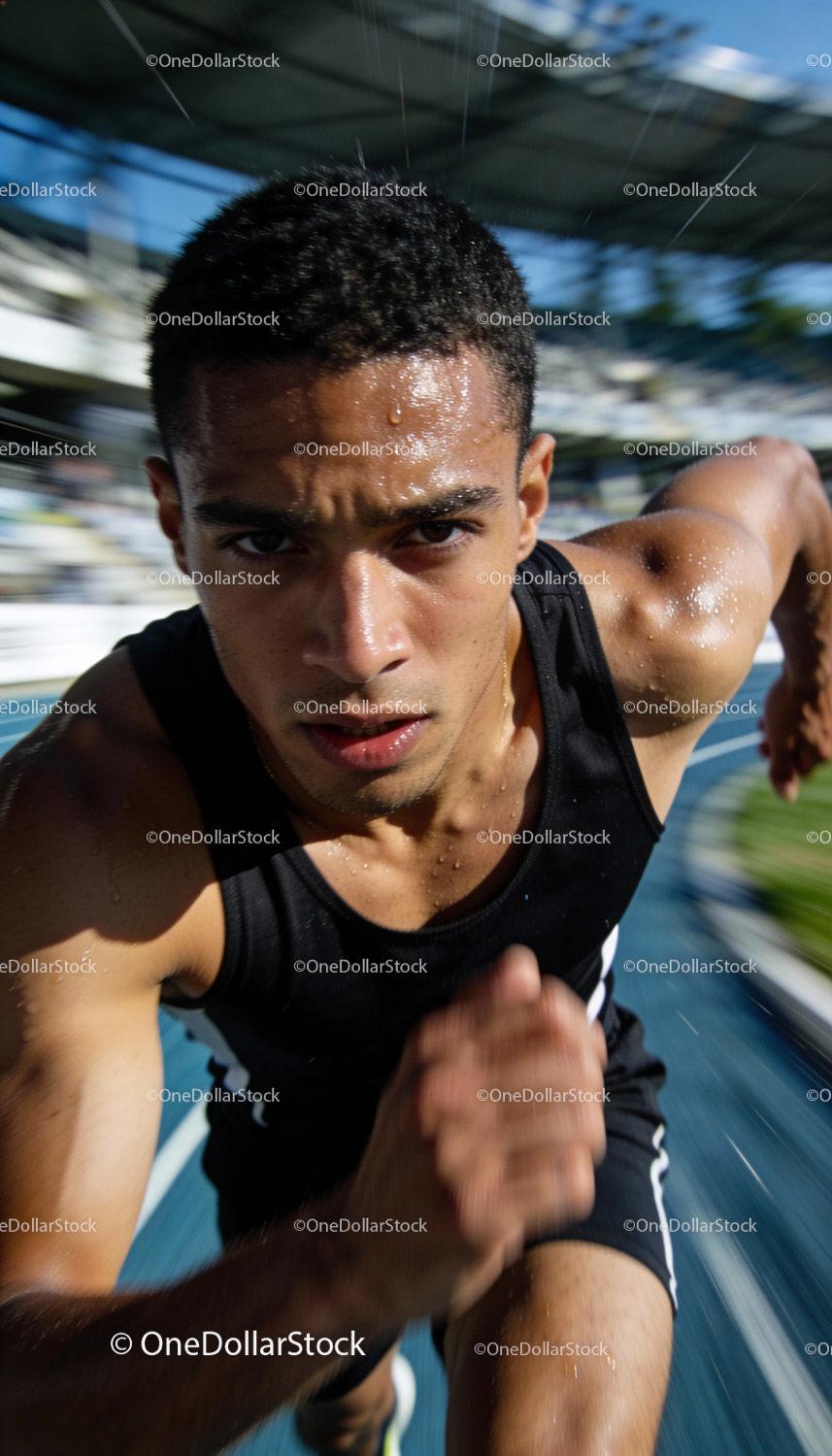 Focused Athlete Sprinting Powerfully on Outdoor Track