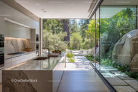 Modern Kitchen with Large Glass Doors Overlooking Serene Garden