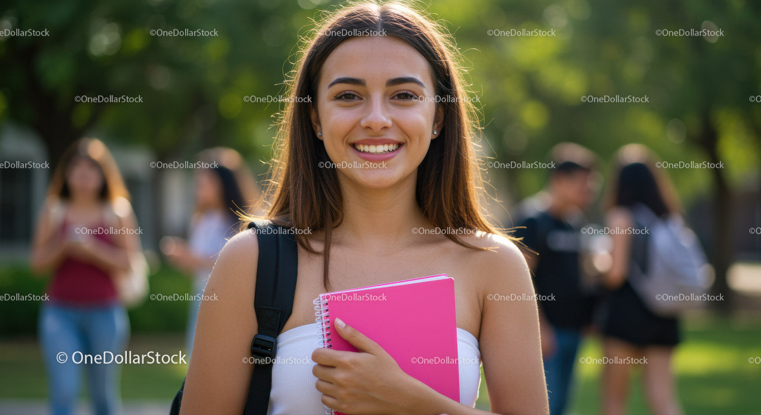 Happy Young Woman with Pink Notebook in College Campus
