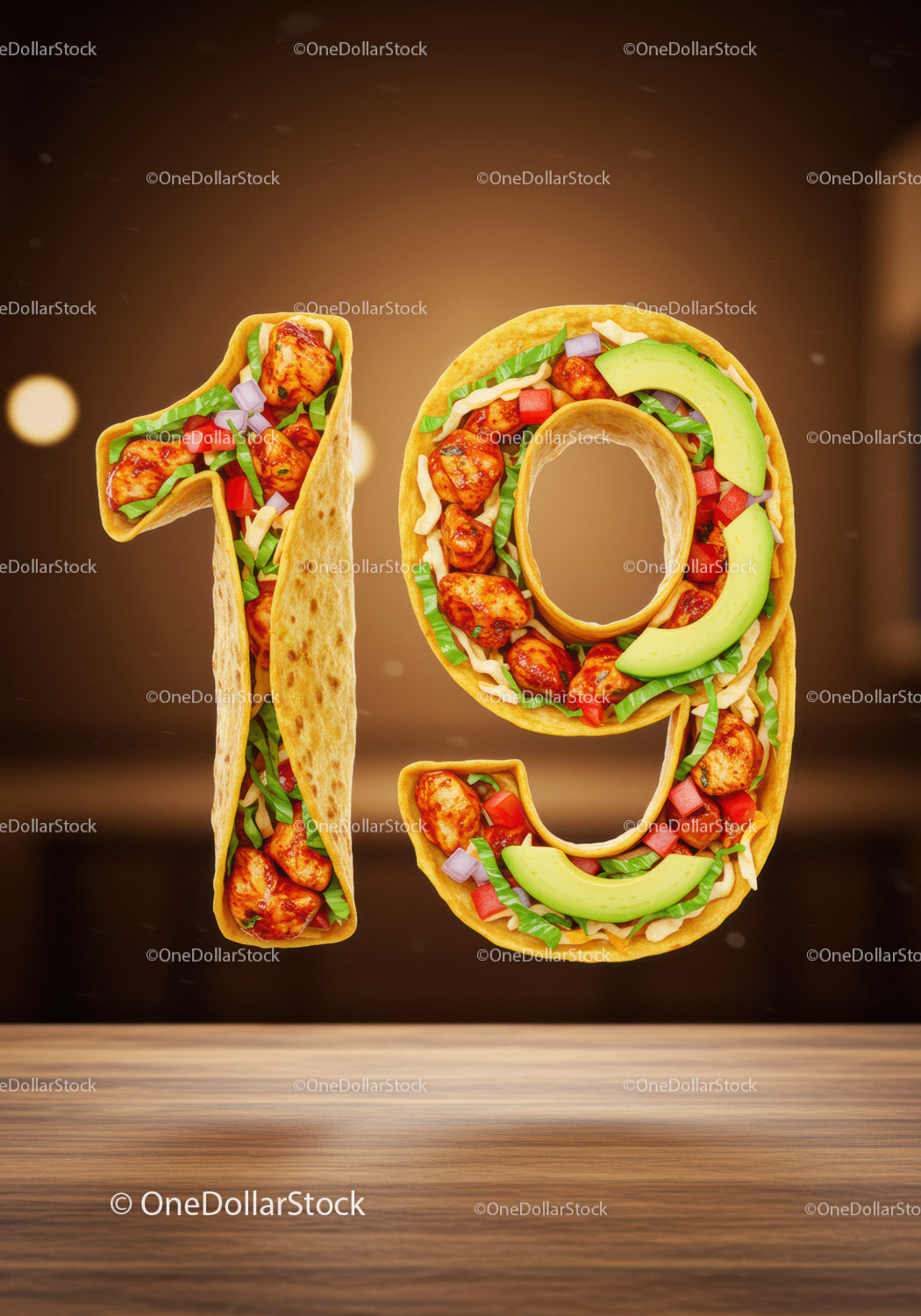 Number nineteen made from tacos filled with fresh ingredients