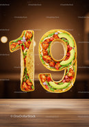 Number nineteen made from tacos filled with fresh ingredients