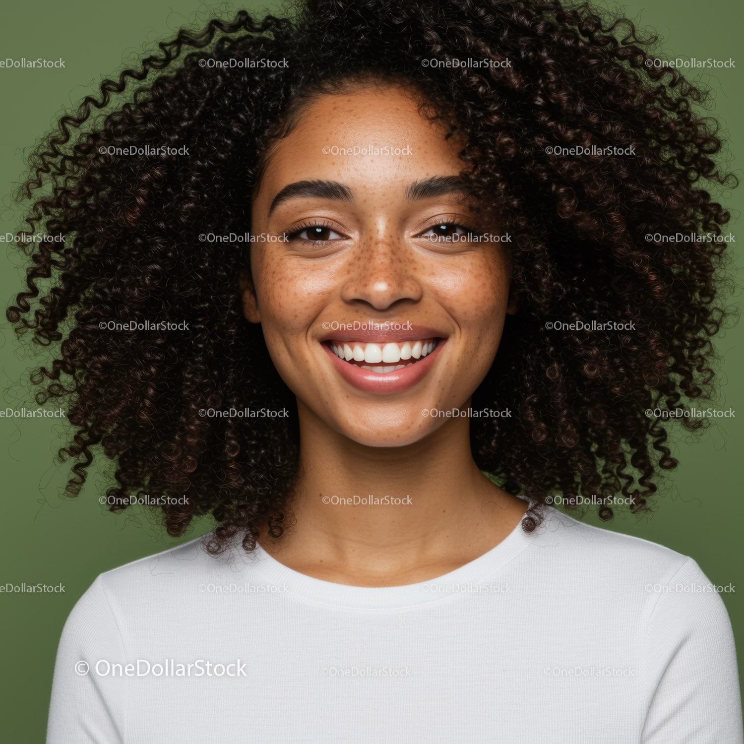 Joyful Woman with Curly Hair and Bright Smile in Indoor Portrait