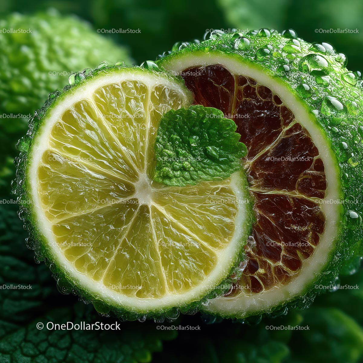 Close-Up of Fresh Lime with Mint Leaf and Water Droplets