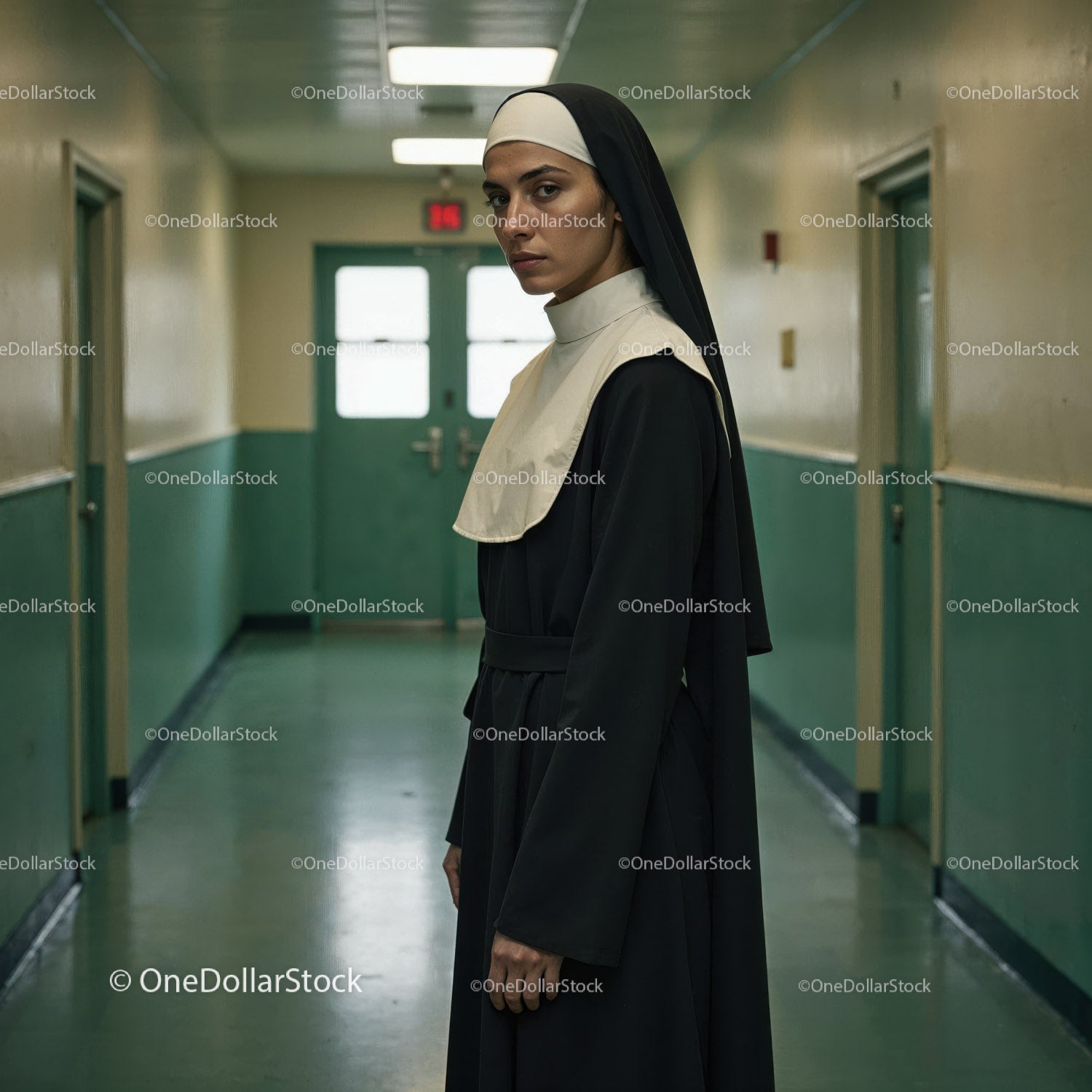 Confident Nurse in Hospital Corridor With Serious Expression