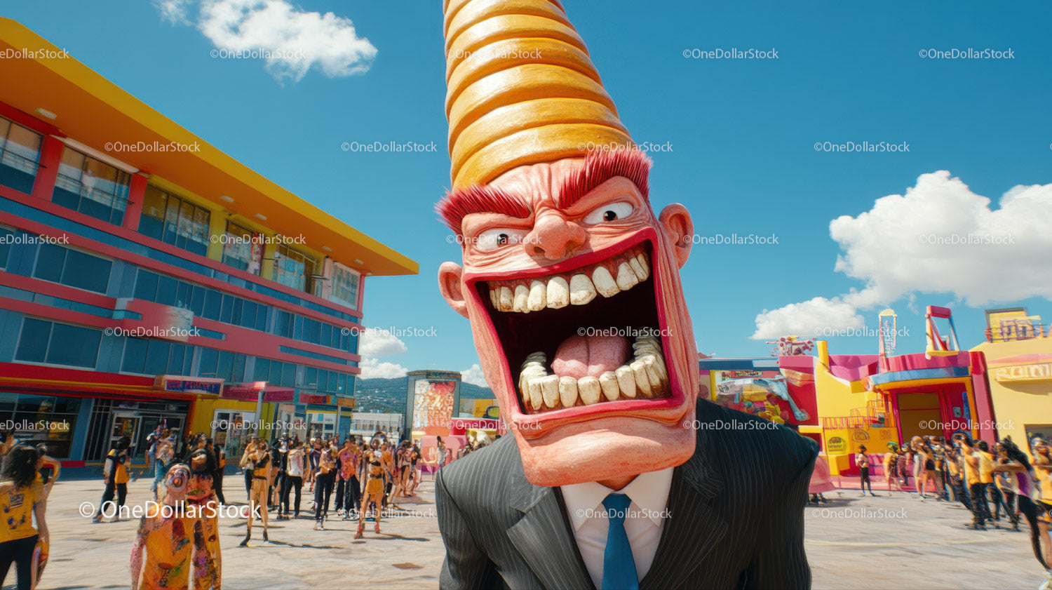 Colorful Amusement Park Crowd with Grinning Clown Face Under Blue Sky