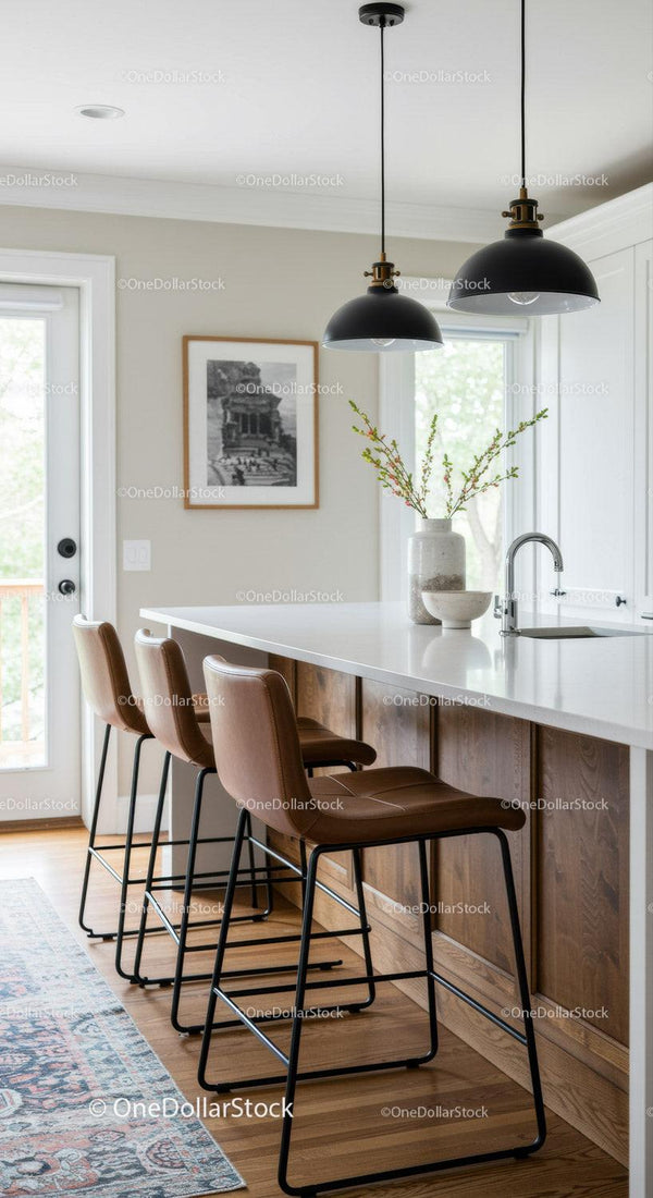 Bright Modern Kitchen with Leather Bar Stools and Natural Light
