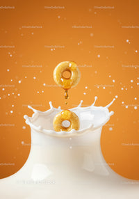 Honey dripping on cereal rings with milk splash
