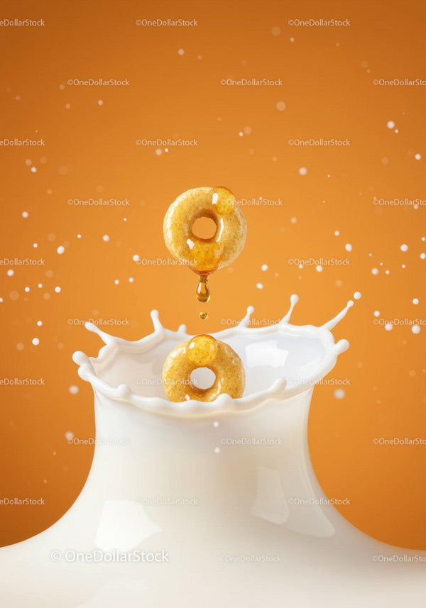 Honey dripping on cereal rings with milk splash
