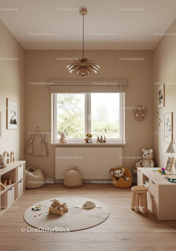 Cozy Modern Kids Bedroom with Plush Toys and Natural Light
