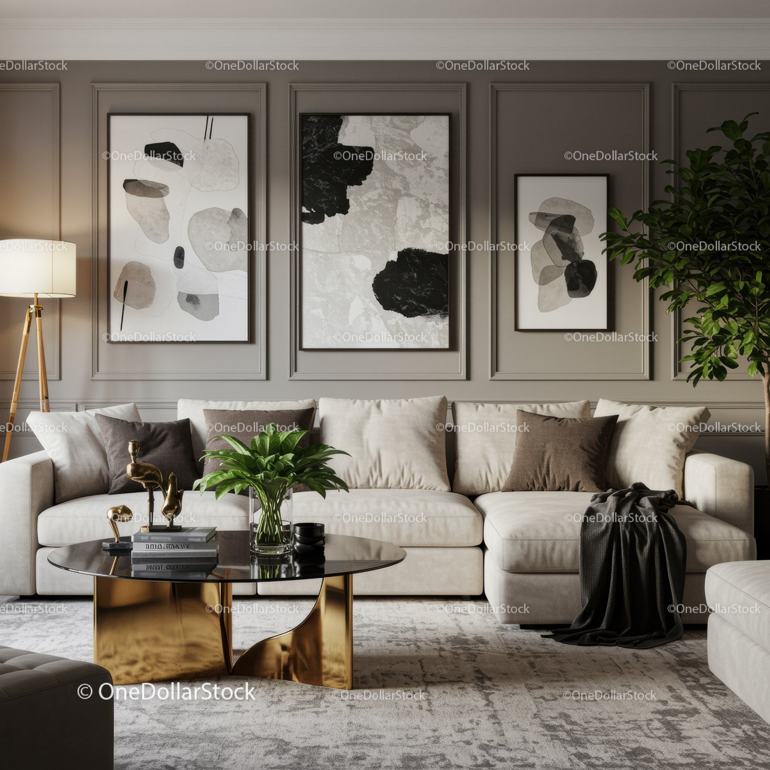 Elegant Living Room with Modern Art and Gold Accents