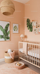 Modern Nursery with Tropical Leaf Wall Art and Cozy Decor