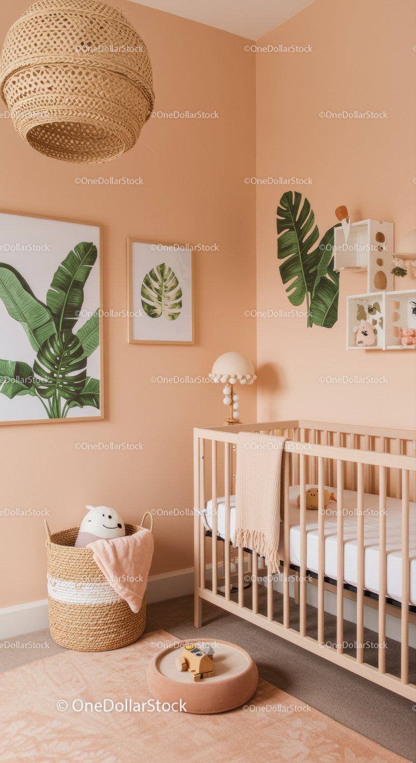Modern Nursery with Tropical Leaf Wall Art and Cozy Decor