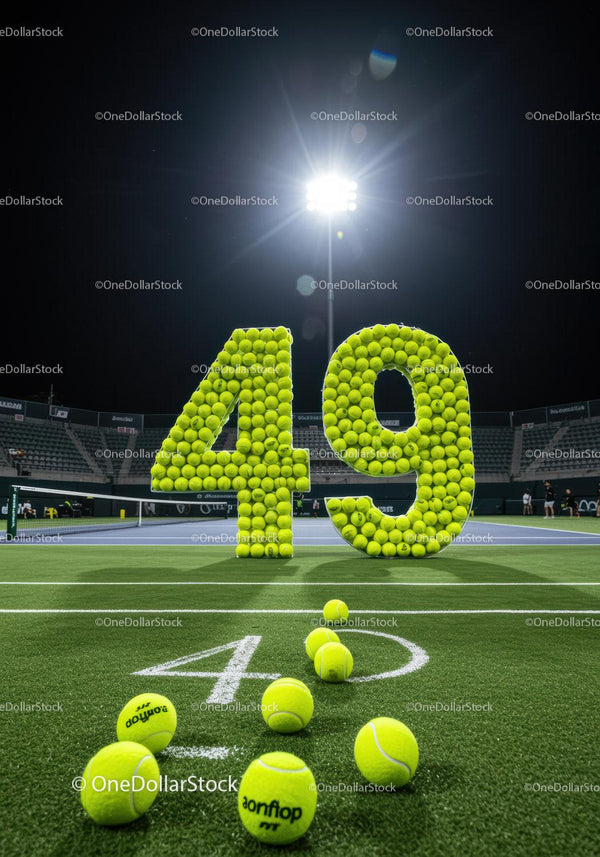 Tennis balls arranged into number forty nine on court