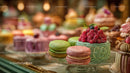Colorful Macarons and Strawberry Topped Decorative Cake Display